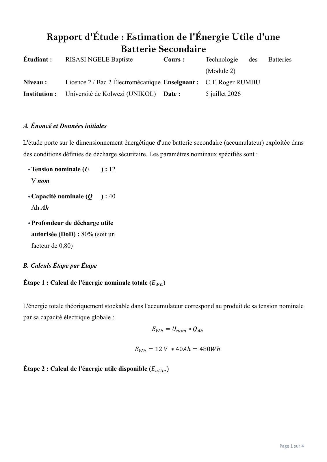 First page of TP DE TECH DE BATTERIE MODULE 2   Copie