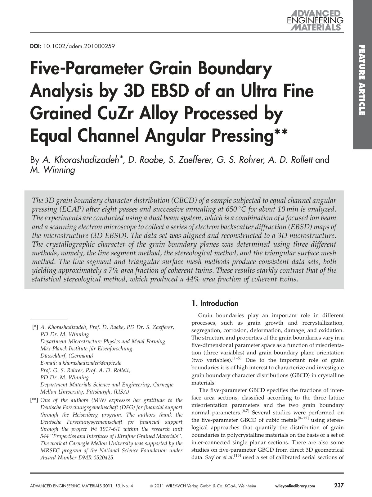 First page of Five-Parameter Grain Boundary Analysis by 3D EBSD of an Ultra Fine Grained CuZr Alloy Processed by Equal Channel Angular Pressing