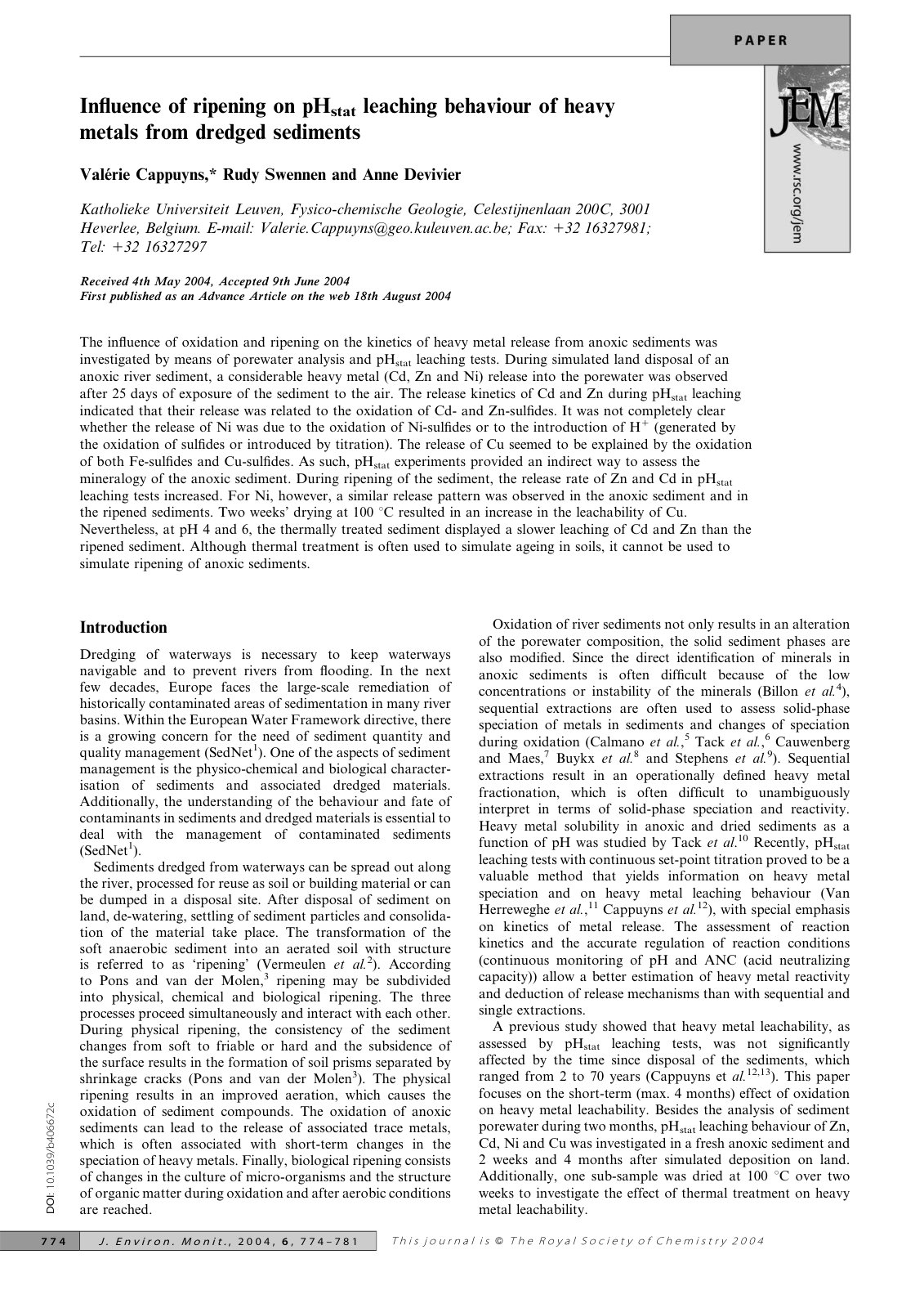 First page of Influence of ripening on pHstat leaching