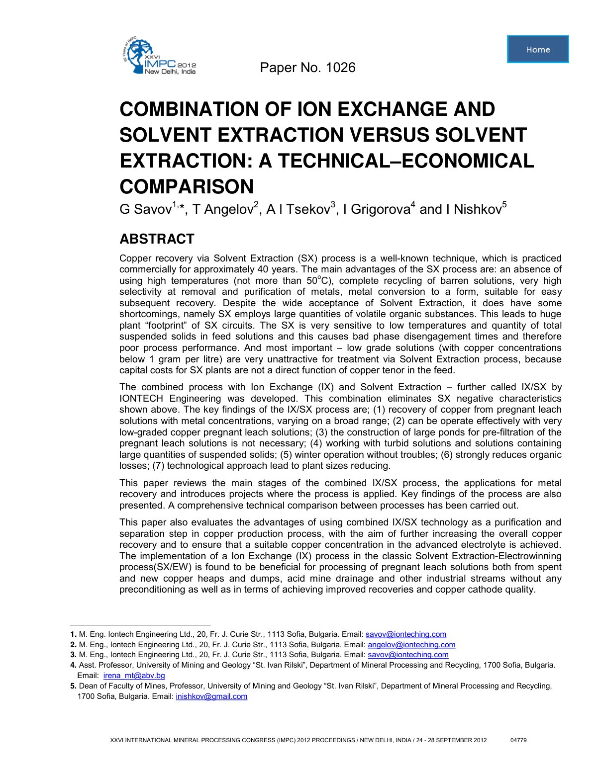 First page of COMBINATION OF ION EXCHANGE AND SOLVENT EXTRACTION VERSUS SOLVENT EXTRACTION: A TECHNICAL–ECONOMICAL COMPARISON