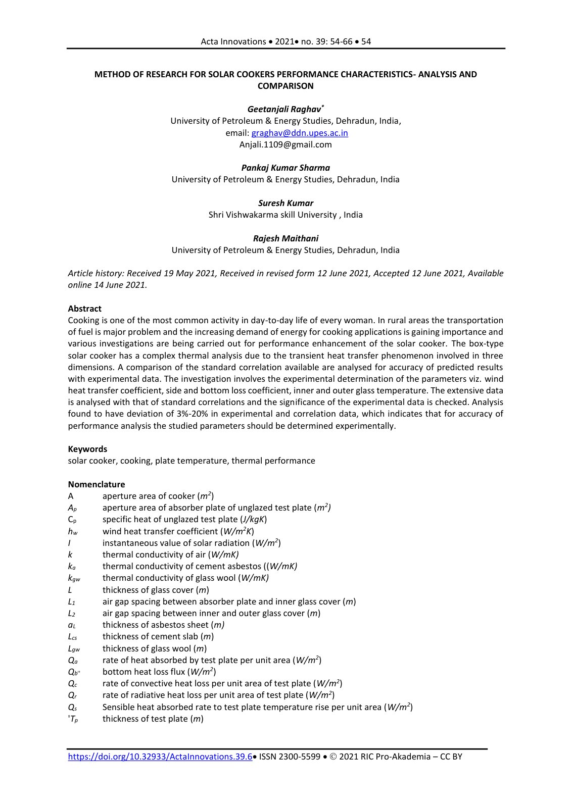 First page of Method of research for solar cookers per