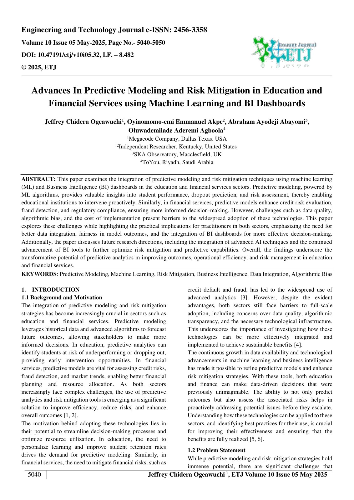 First page of Advances In Predictive Modeling and Risk Mitigation in Education and  Financial Services using Machine Learning and BI Dashboards  