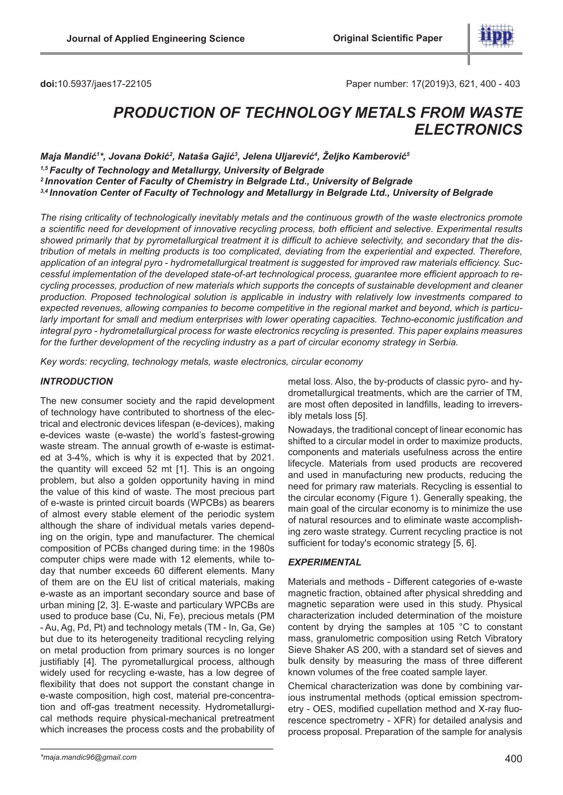 First page of PRODUCTION OF TECHNOLOGY METALS FROM WASTE ELECTRONICS