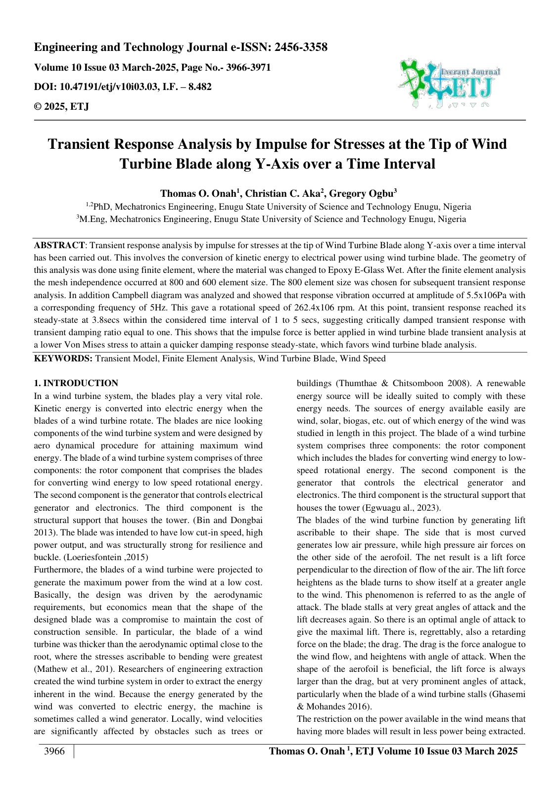 First page of Transient Response Analysis by Impulse for Stresses at the Tip of Wind  Turbine Blade along Y-Axis over a Time Interval  