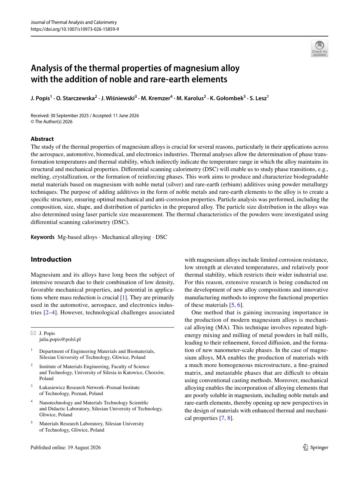 First page of Analysis of the thermal properties of magnesium alloy with the addition of noble and rare‑earth elements