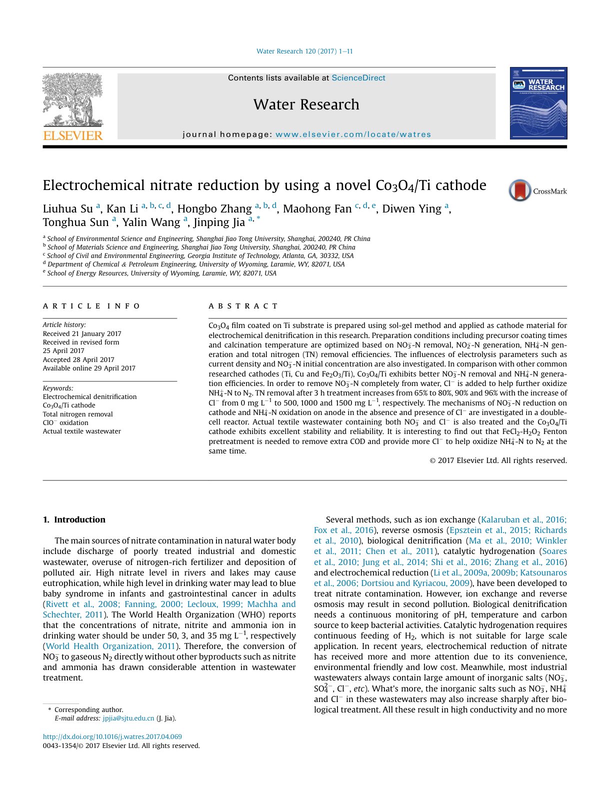 First page of Electrochemical nitrate reduction by using a novel Co3O4/Ti cathode