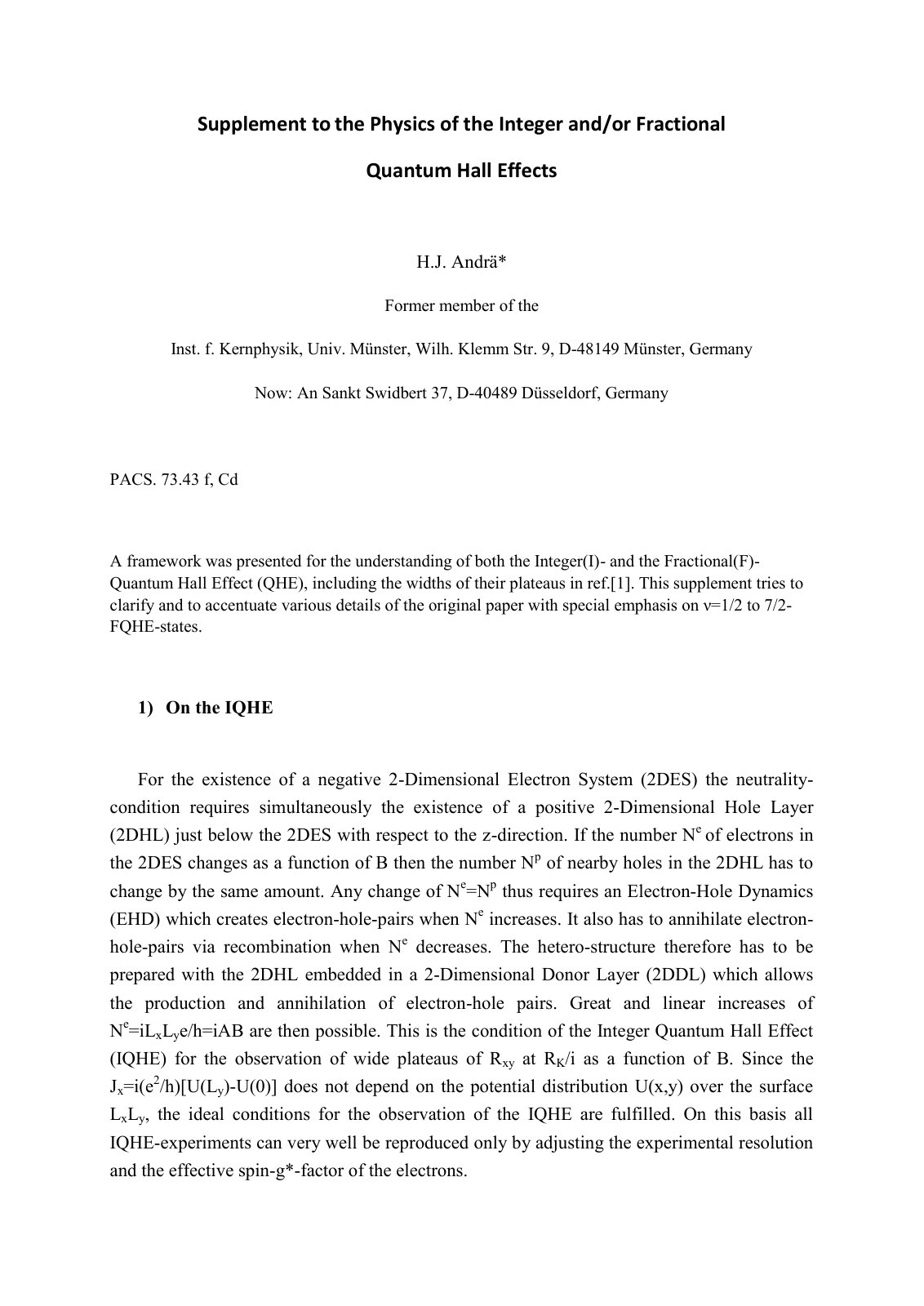 First page of Supplement to the Physics of the Integer and/or Fractional Quantum Hall Effects