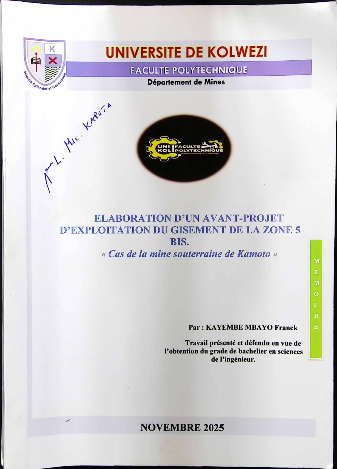 First page of ELABORATION D’UN AVANT-PROJET D’EXPLOITATION DU GISEMENT DE LA ZONE 5 BIS. « Cas de la mine souterraine de Kamoto »