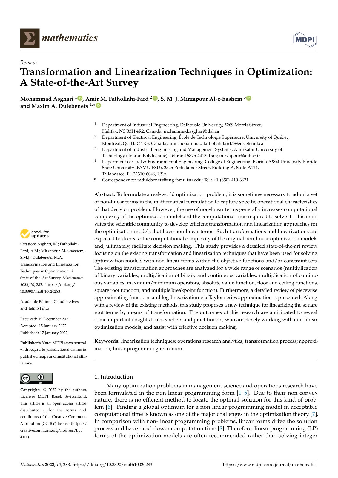 First page of Transformation and Linearization Techniques in Optimization: A State-of-the-Art Survey