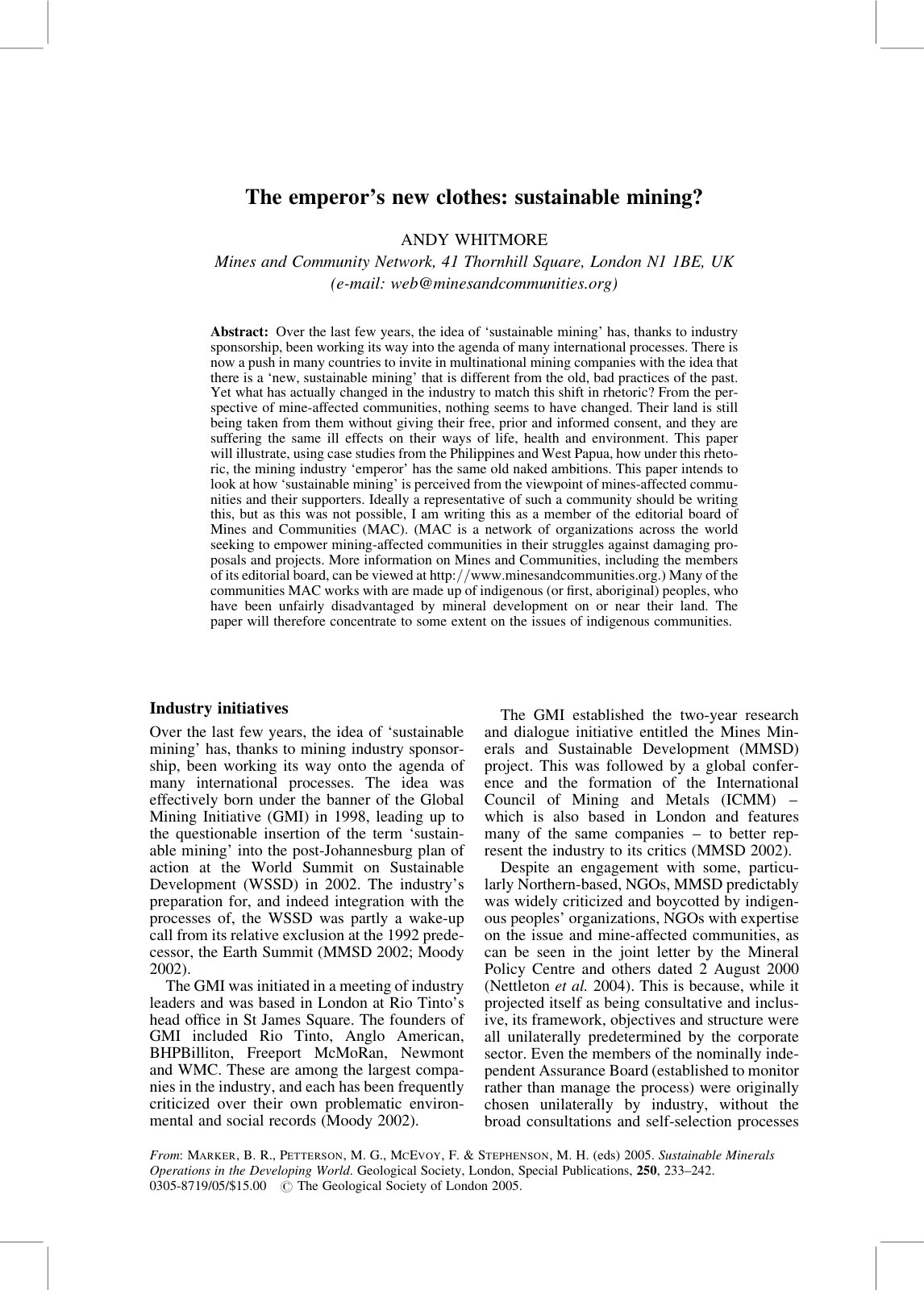 First page of The emperor’s new clothes: sustainable mining?