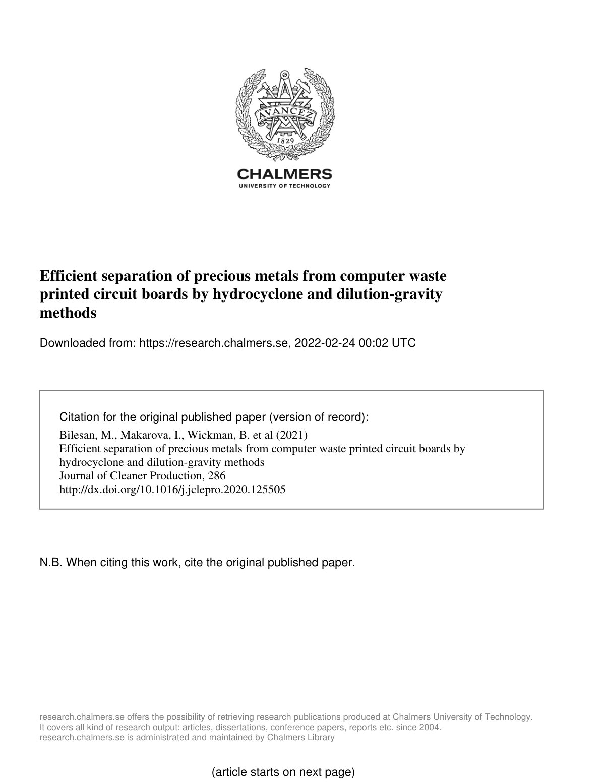 First page of Efficient separation of precious metals