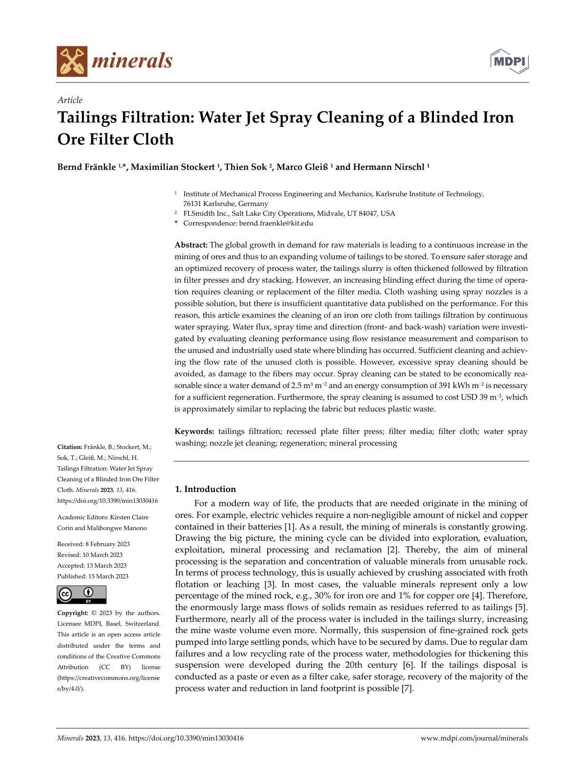 First page of Tailings Filtration: Water Jet Spray Cleaning of a Blinded Iron Ore Filter Cloth