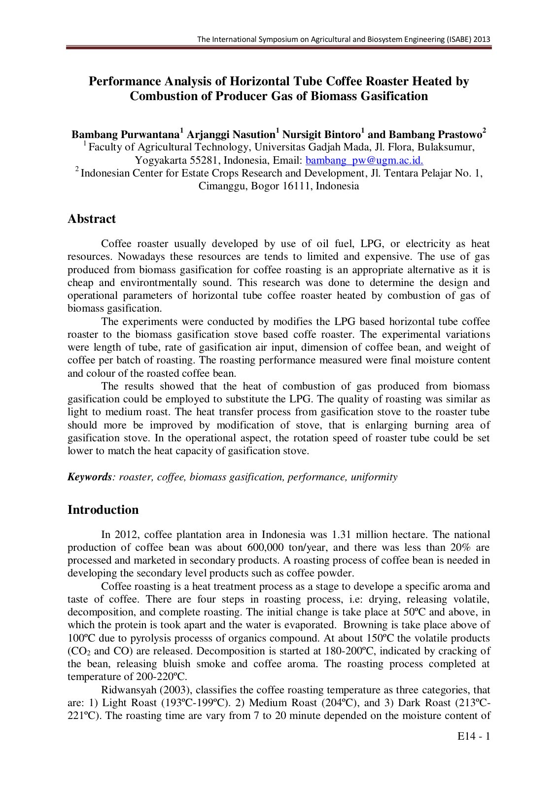 First page of Performance Analysis of Horizontal Tube Coffee Roaster Heated by Combustion of Producer Gas of Biomass Gasification