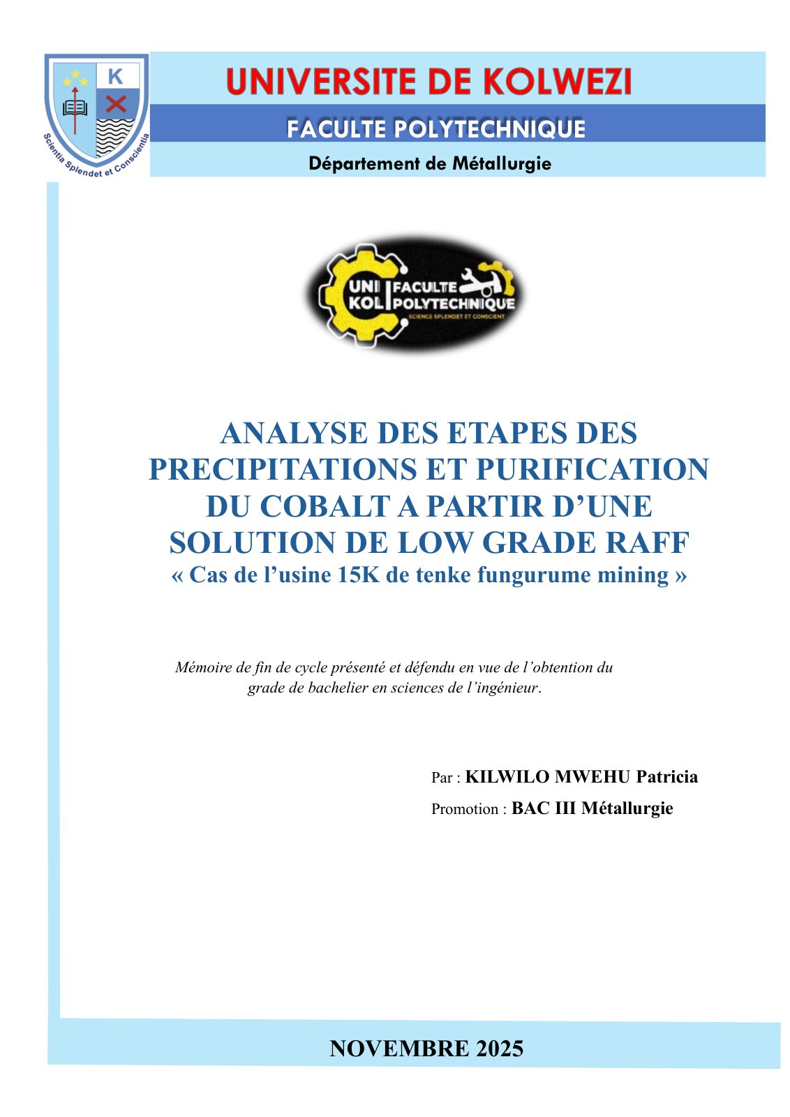 First page of ANALYSE DES ETAPES DES PRECIPITATIONS ET PURIFICATION DU COBALT A PARTIR D’UNE SOLUTION DE LOW GRA  DE RAFF  « Cas de l’usine 15K   de tenke fungurume      mining »