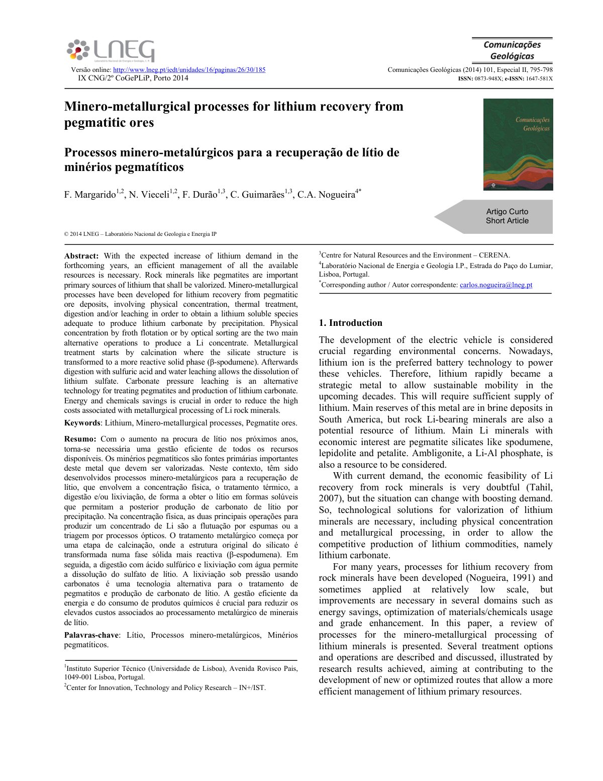 First page of Minero metallurgical processes for lithi
