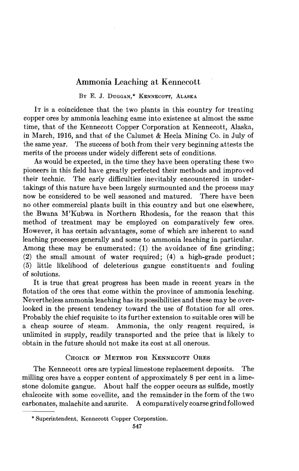 First page of Ammonia Leaching at Kennecott