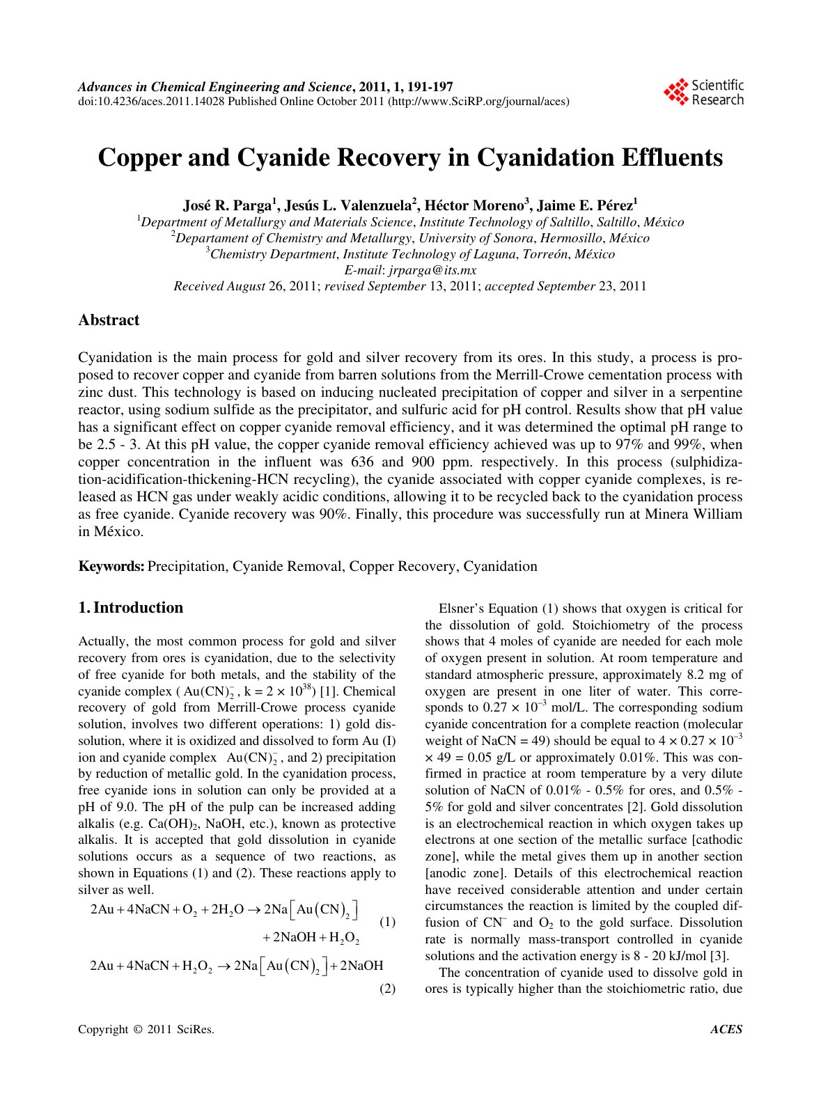 First page of Copper and Cyanide Recovery in Cyanidati