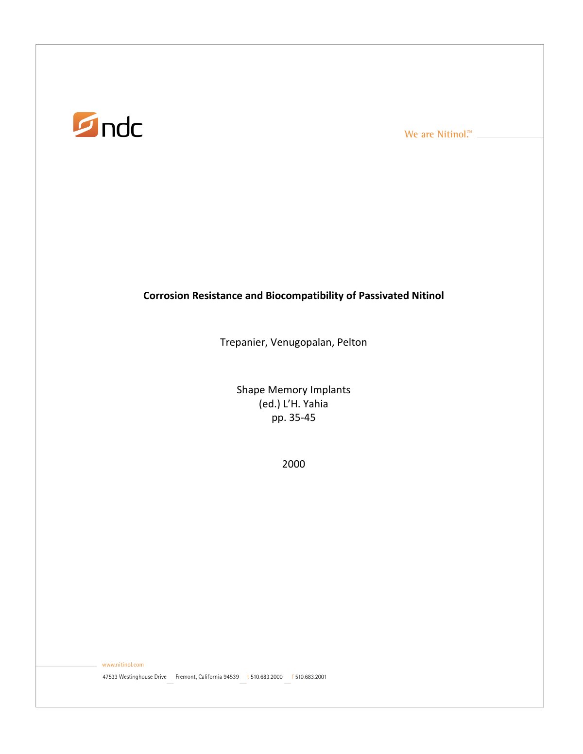 First page of Corrosion Resistance and Biocompatibility of Passivated Nitinol