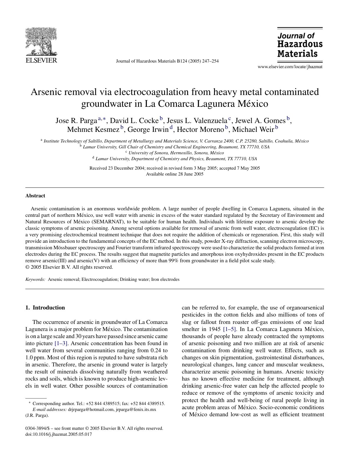 First page of Arsenic removal via electrocoagulation from heavy metal contaminated groundwater in La Comarca Lagunera M´exico