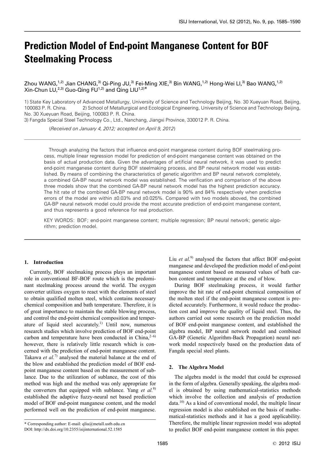 First page of 054 Prediction Model of End point Manganese Content for BOF Steelmaking Process