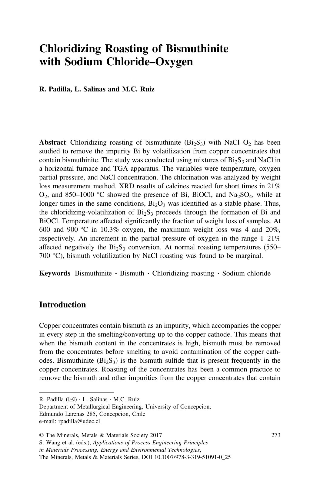 First page of Chloridizing Roasting of Bismuthinite with Sodium Chloride –Oxygen