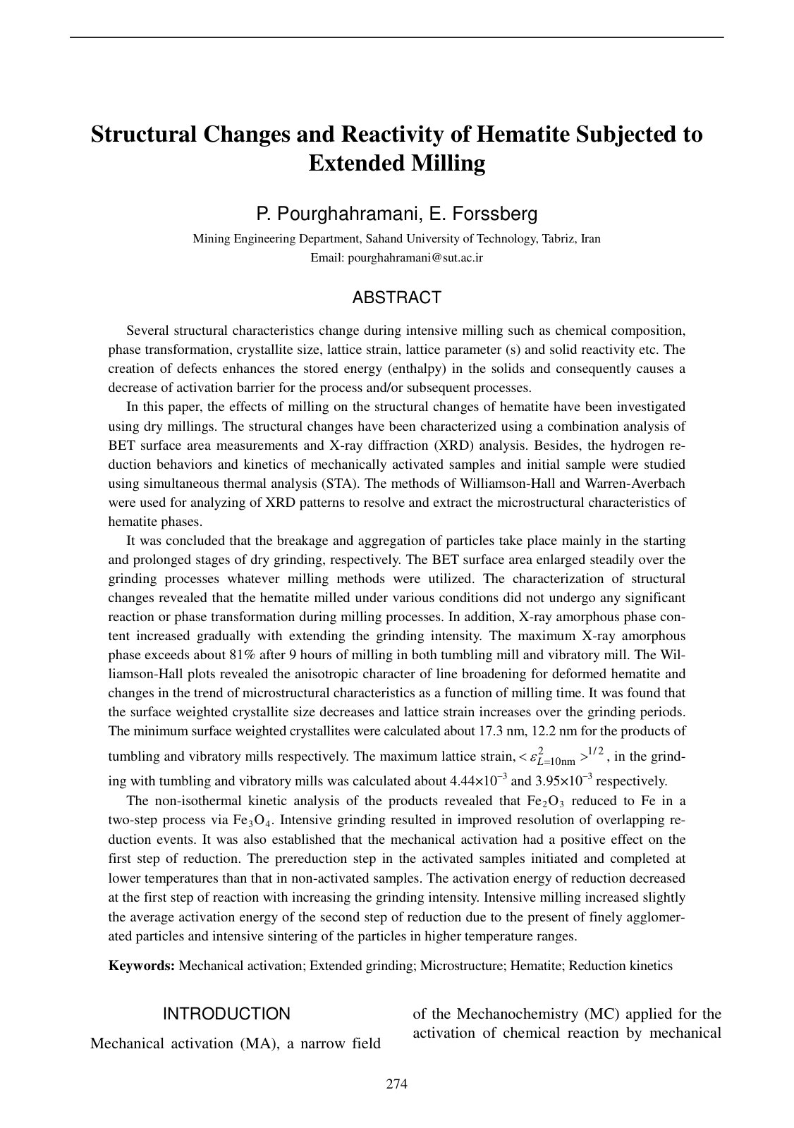 First page of Structural Changes and Reactivity of Hematite Subjected to Extended Milling
