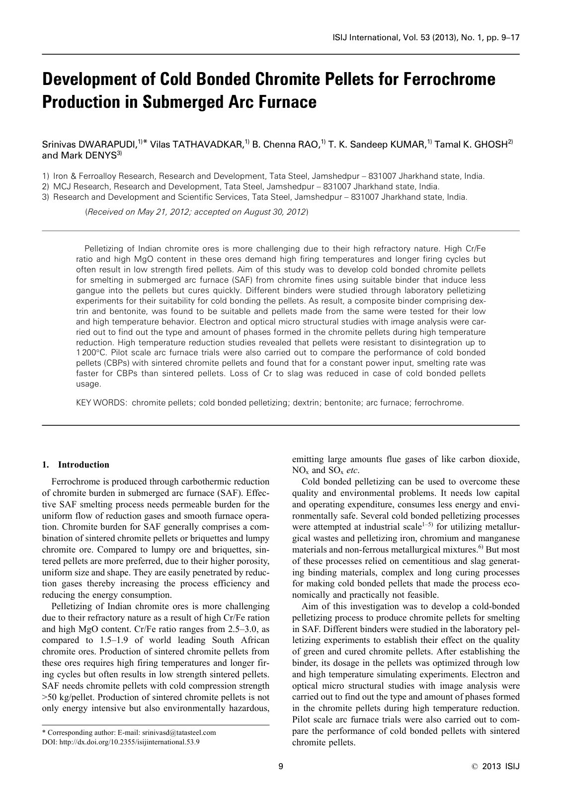 First page of 2013 Srinivas Dwarapudi Development of Cold Bonded Chromite Pellets for Ferrochrome Production in Submerged Arc Furnace isijinternational.53.9