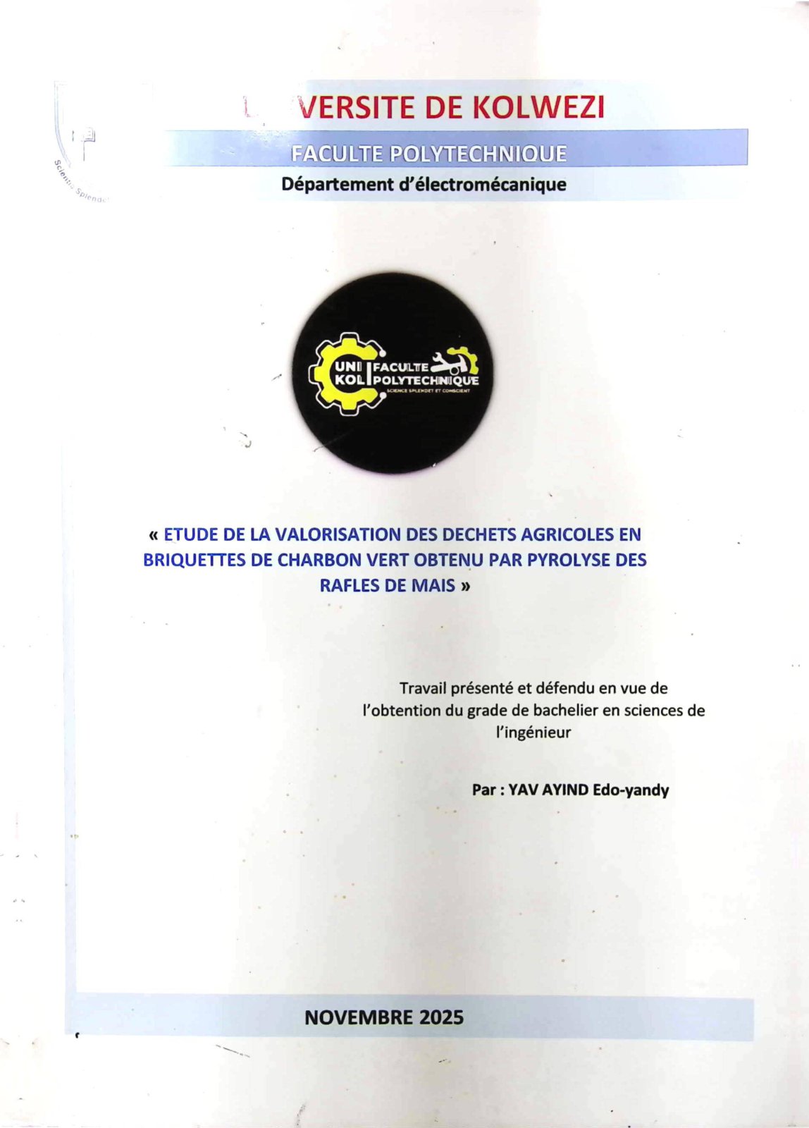 First page of ETUDE DE LA VALORISATION DES DECHETS AGRICOLES EN CHARBON VERT OBTEN_U PAR PYROLYS.E DES RAFLES DE MAIS