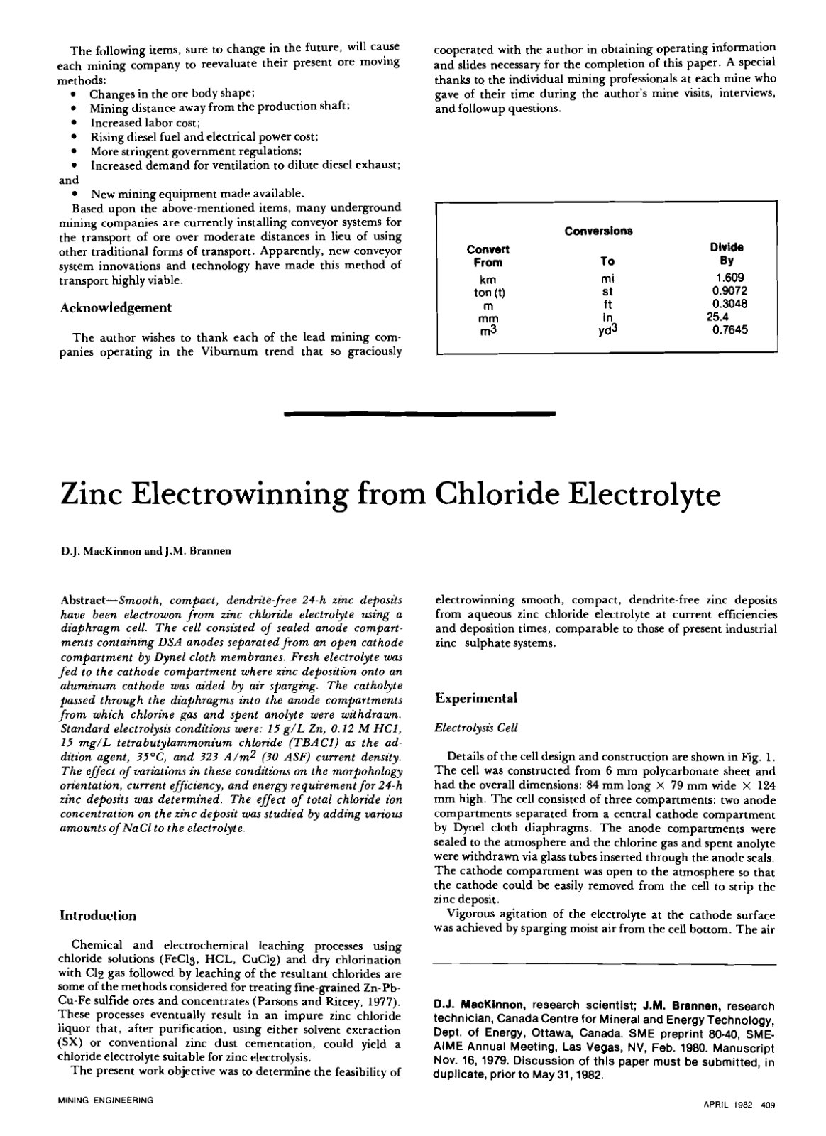 First page of Zinc Electrowinning from Chloride Electrolyte