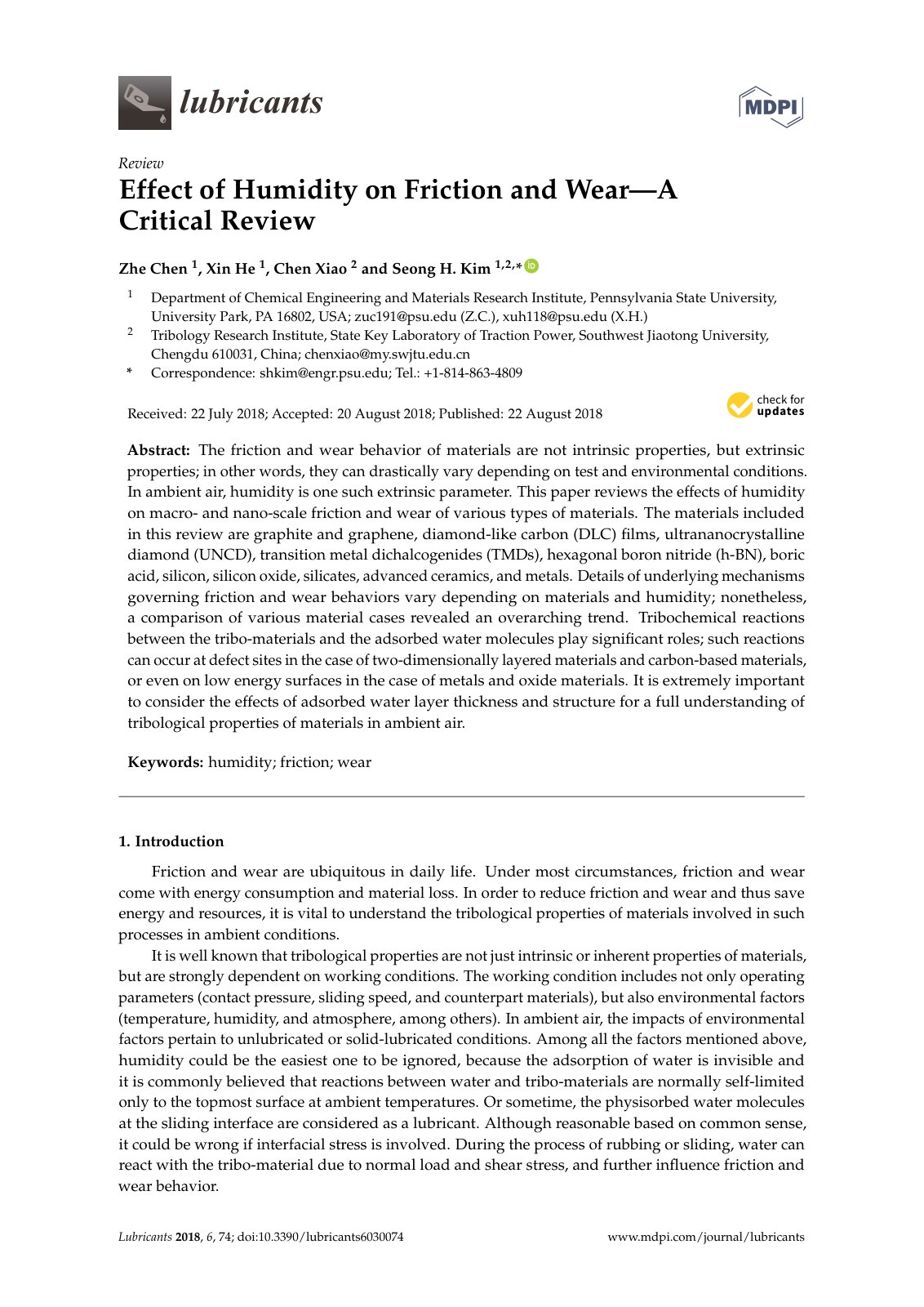 First page of Effect of Humidity on Friction and Wear—A Critical Review