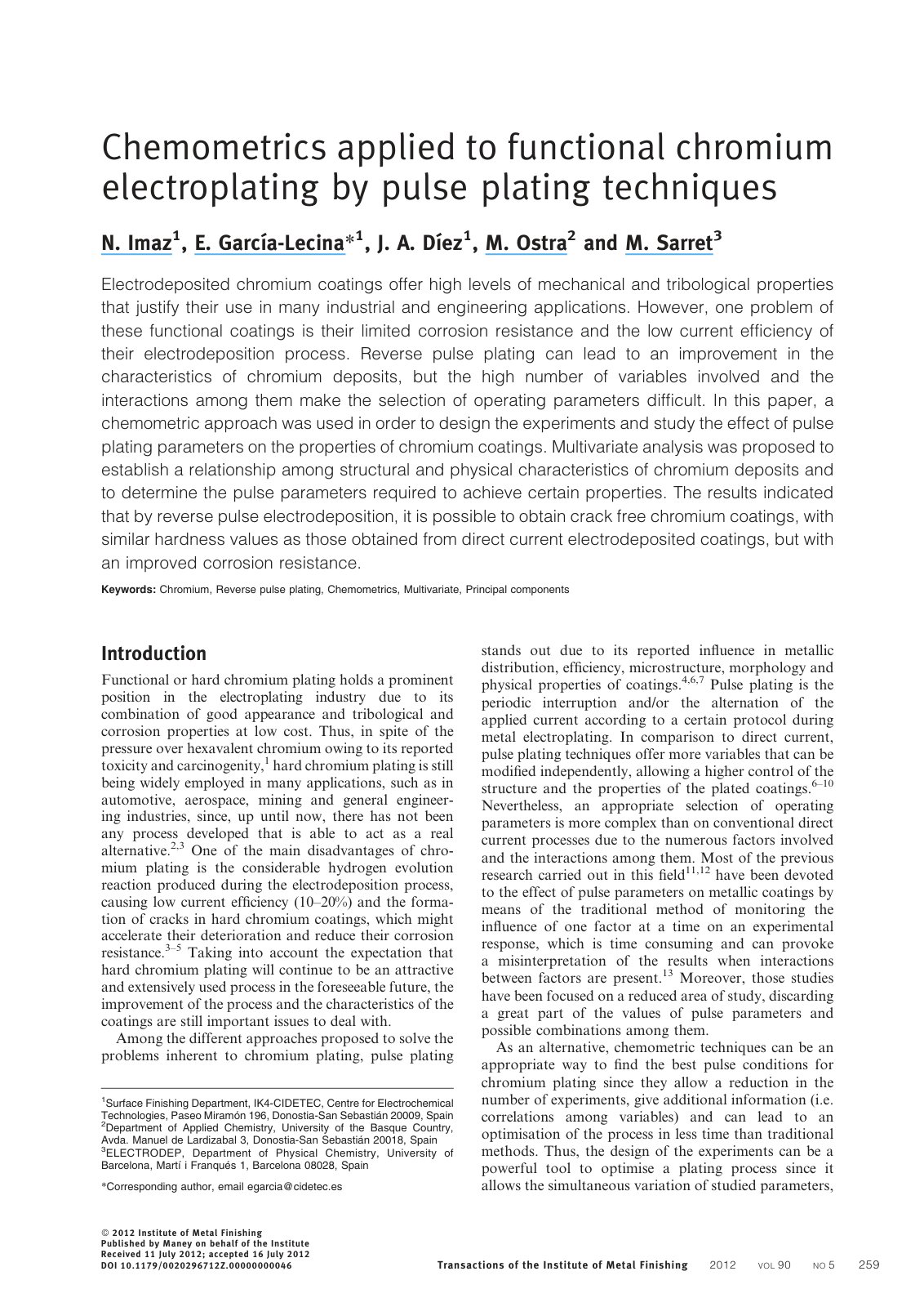 First page of Chemometrics applied to functional chromium electroplating by pulse plating techniques