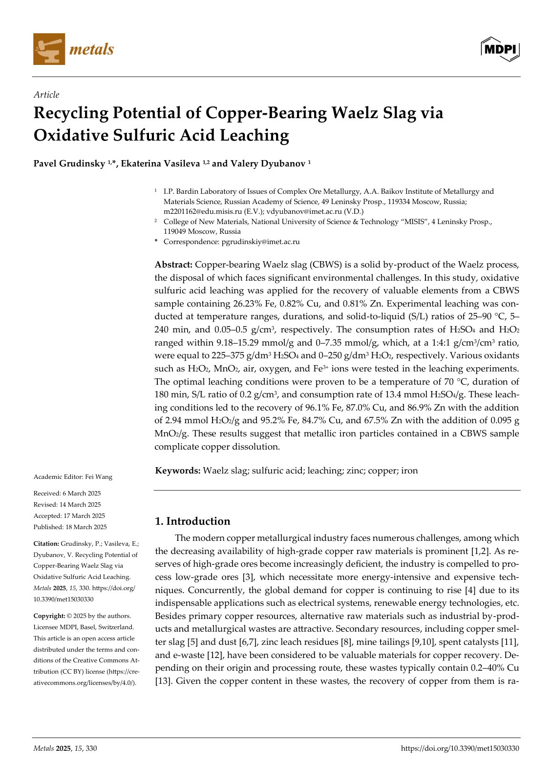 First page of 2025   Grudinsky   Sulfuric Acid Leaching of Waelz Slag