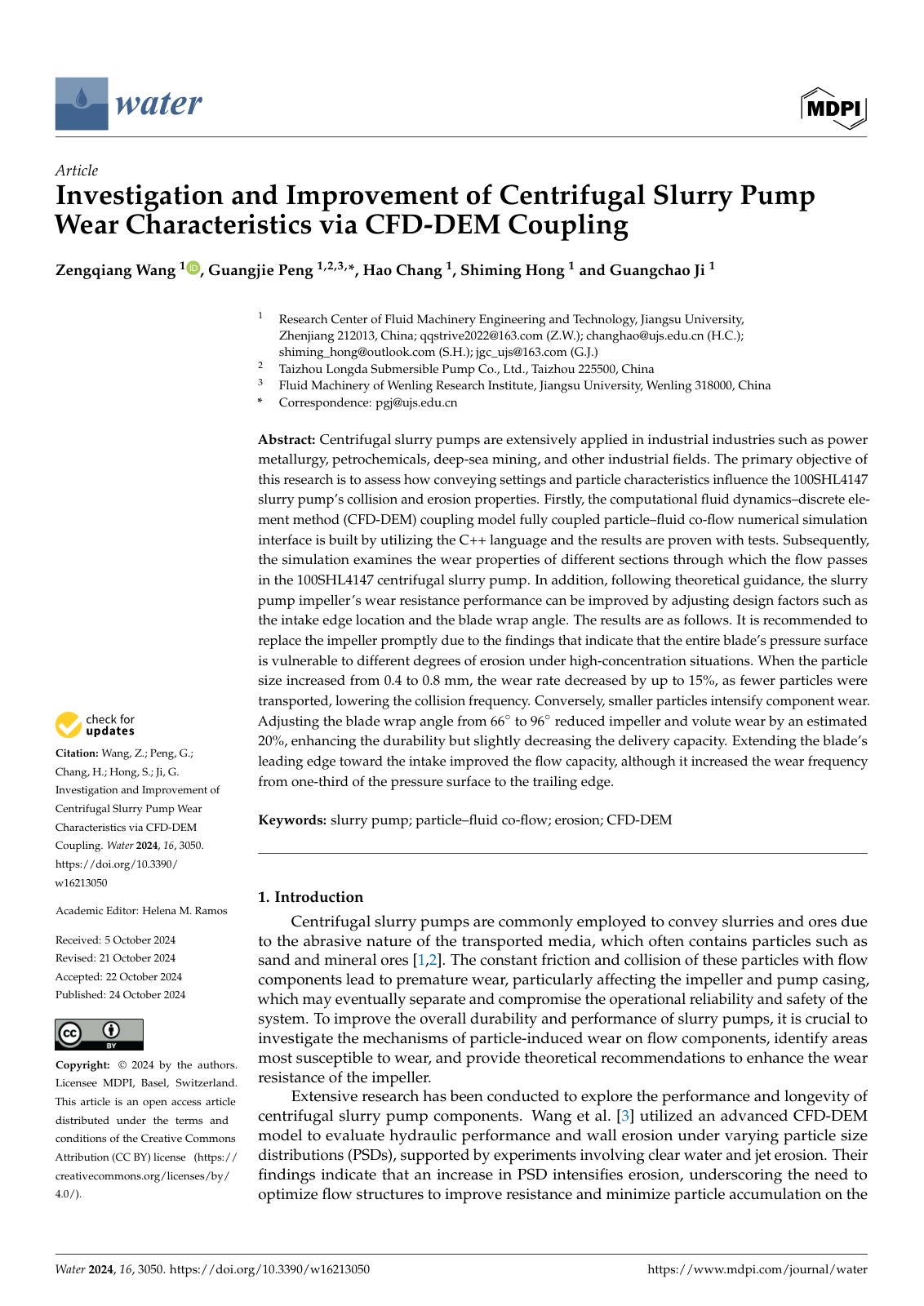 First page of Investigation and Improvement of Centrifugal Slurry Pump Wear Characteristics via CFD-DEM Coupling