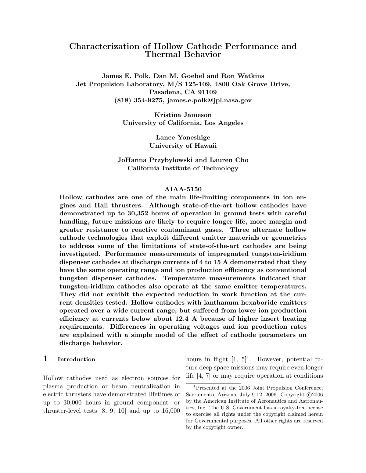 First page of Characterization of Hollow Cathode Performance and Thermal Behavior