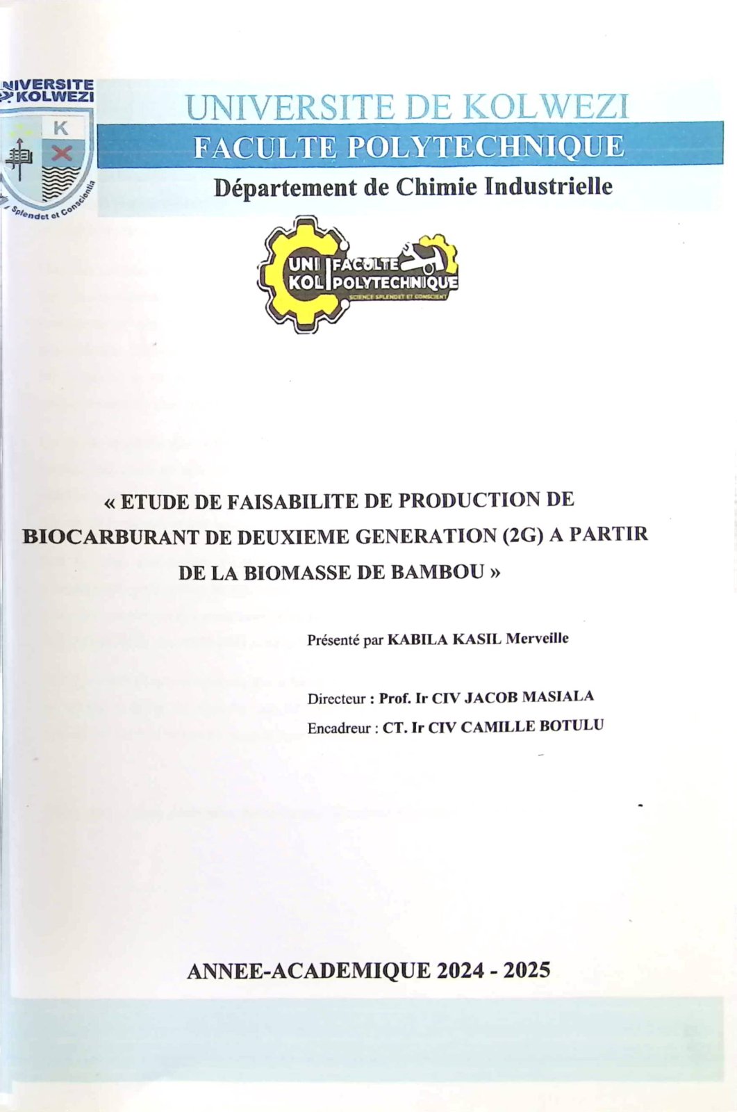 First page of ETUDE DE FAISABILITE DE PRODUCTION DE BIOCARBURANT DE DEUXIEME GENERATION (2G) A PARTIR DE LA BIOMASSE DE BAMBOU