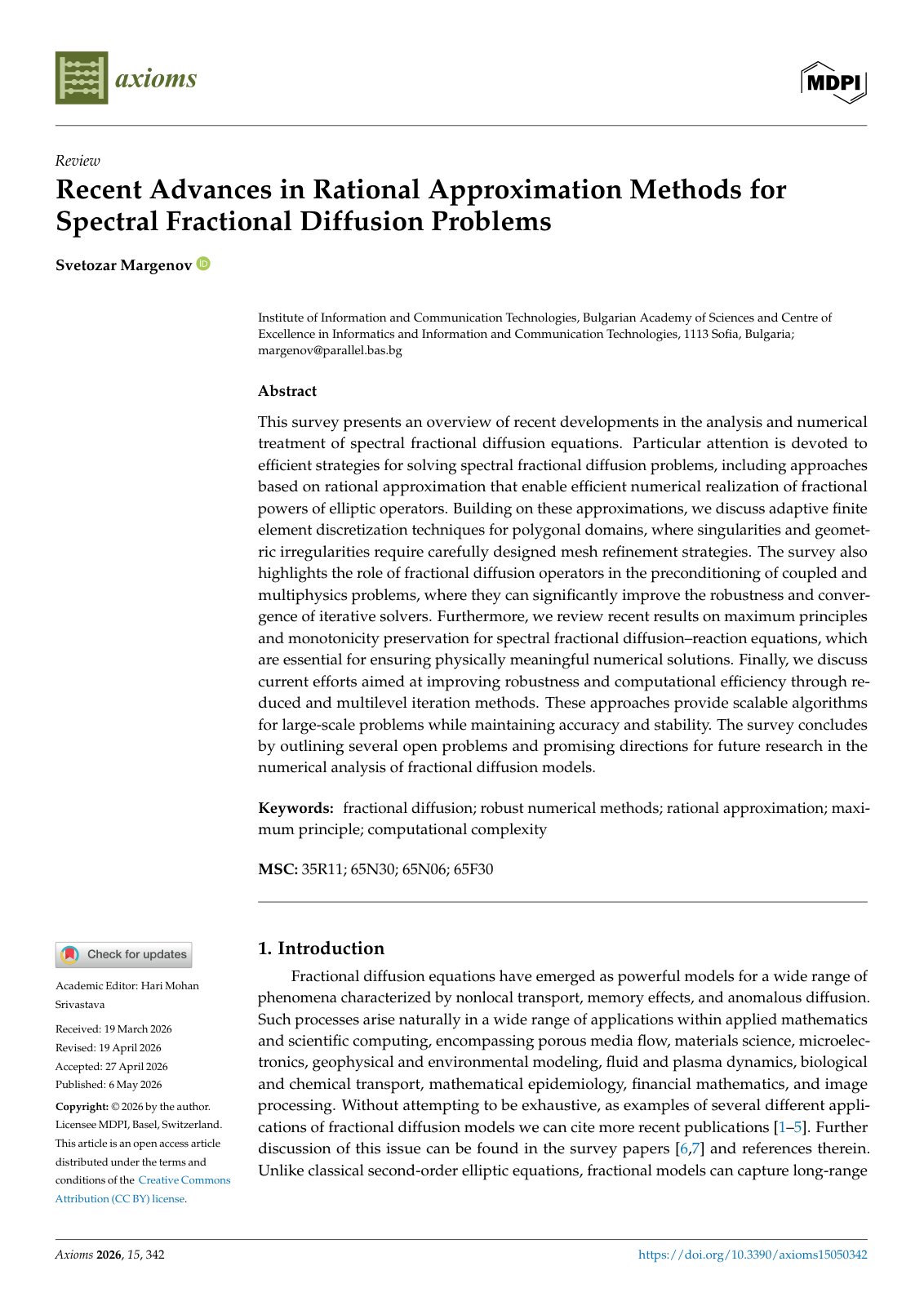 First page of Recent Advances in Rational Approximation Methods for Spectral Fractional Diffusion Problems