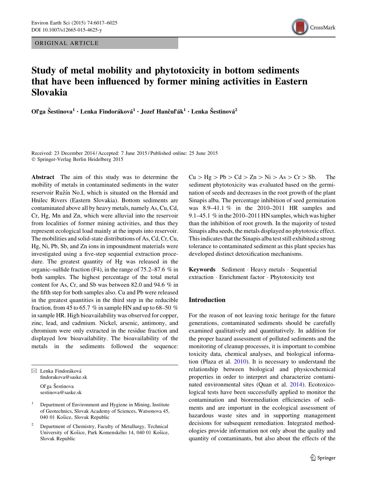 First page of Study of metal mobility and phytotoxicity in bottom sediments that have been influenced by former mining activities in Eastern Slovakia