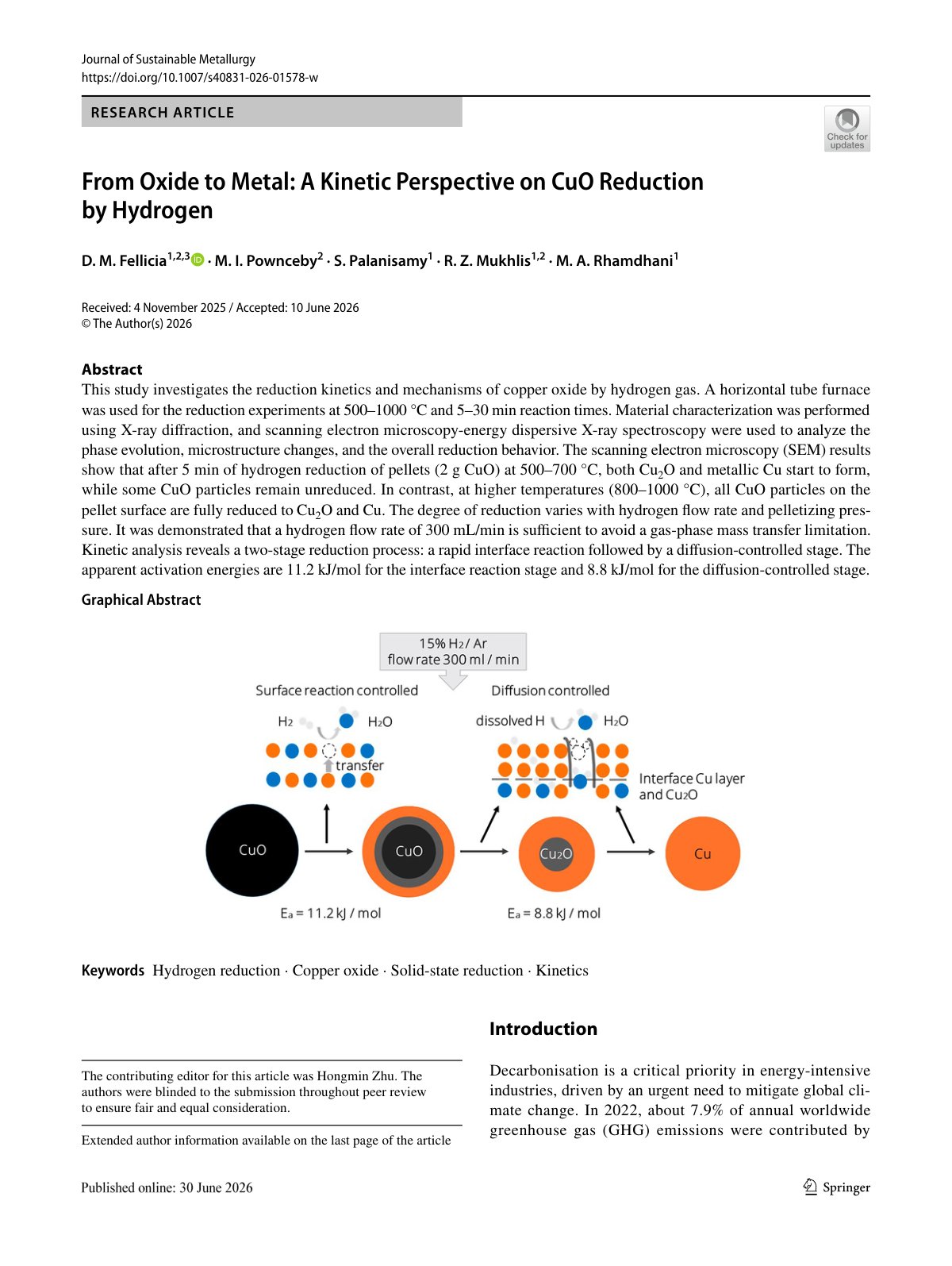 First page of From Oxide to Metal: A Kinetic Perspective on CuO Reduction by Hydrogen
