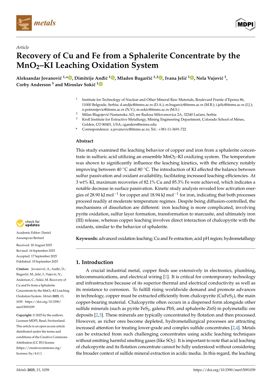 First page of 2025   Jovanovic   MnO2 KI oxidative leaching of sphalerite concentrate