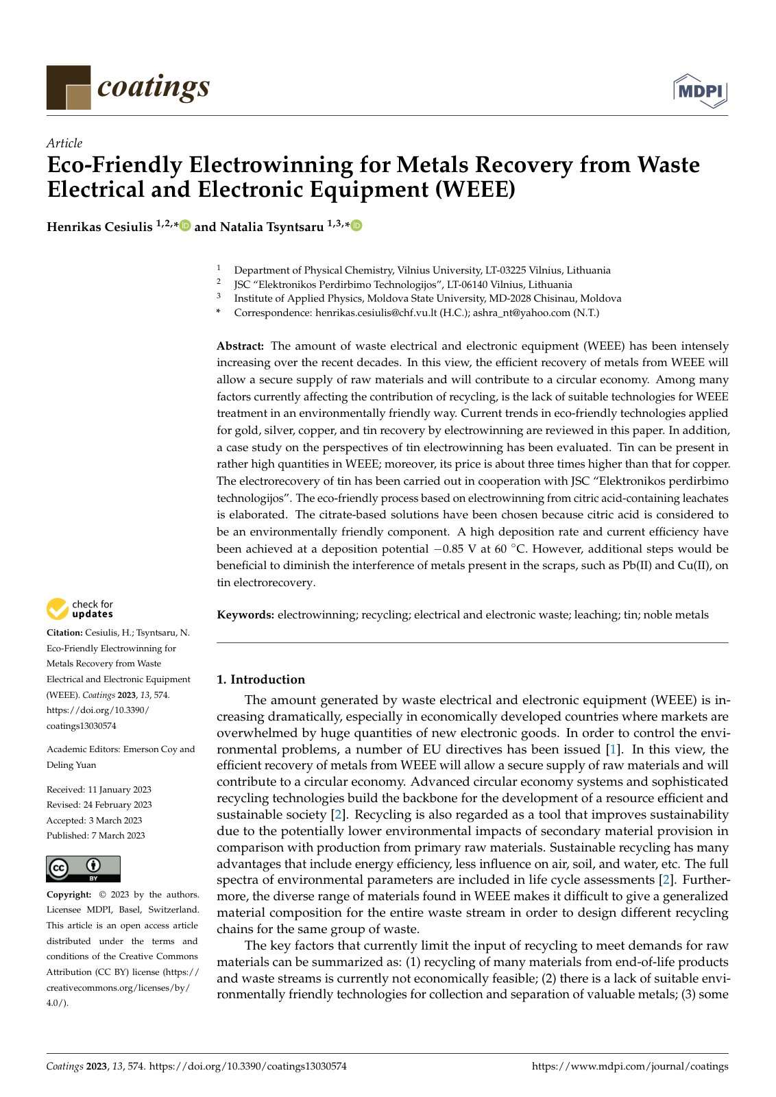 First page of Eco-Friendly Electrowinning for Metals Recovery from Waste Electrical and Electronic Equipment (WEEE)