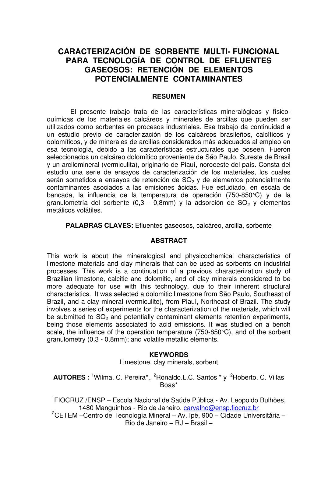 First page of CARACTERIZACION DE SORBENTE MULTI FUNCIO