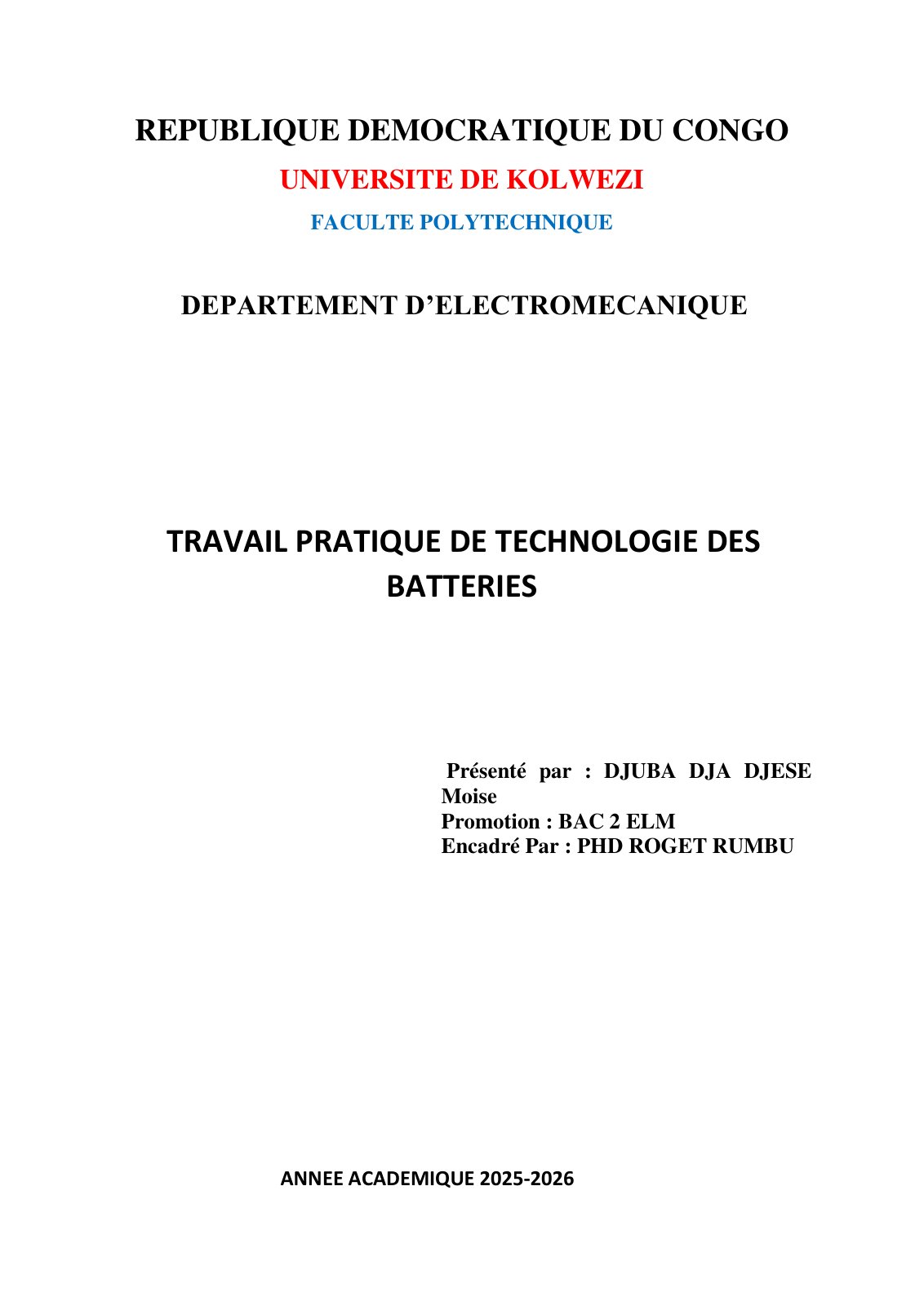 First page of TECHNOLOGIE DES BATTERIES TP DJUBA   Copie (1)