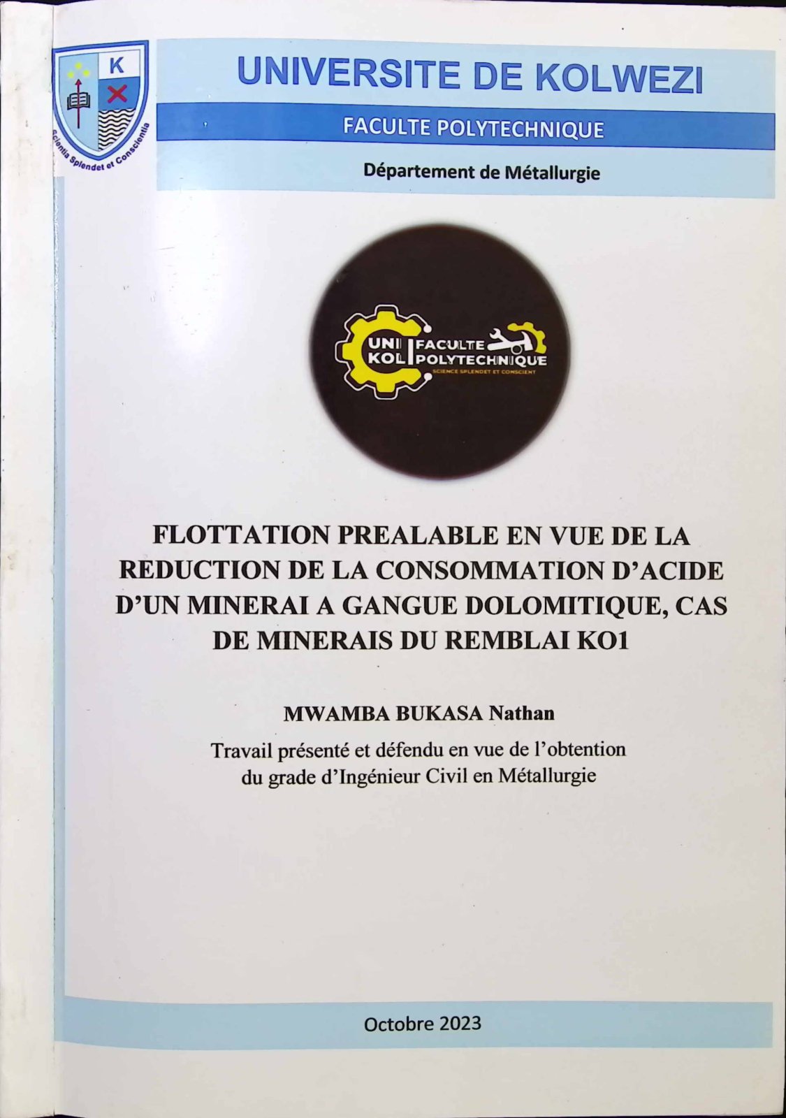 First page of FLOTTATION PREALABLE EN VUE DE LA REDUCTION DE LA CONSOMMATION D’ACIDE D’UN MINERAI A GANGUE DOLOMITIQUE, CAS DE MINERAIS DU REMBLAI KO1