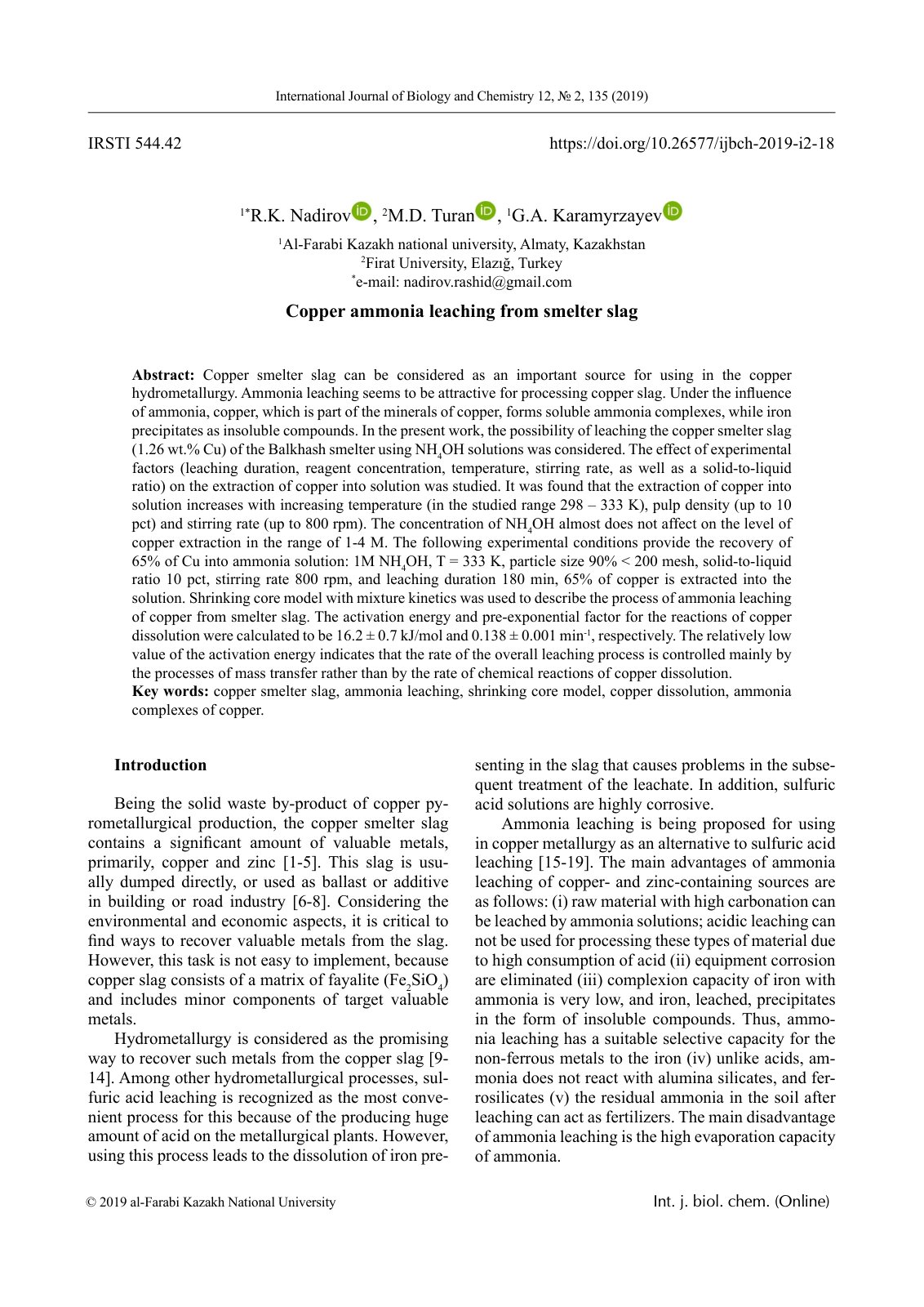 First page of Copper ammonia leaching from smelter sla
