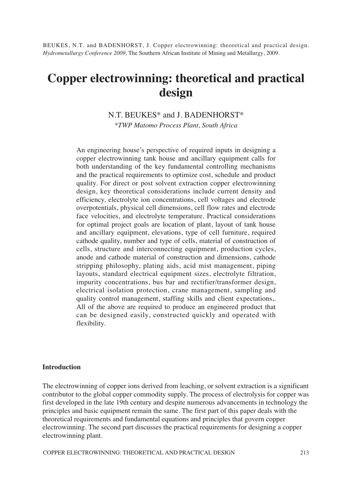 First page of Copper electrowinning: theoretical and practical design