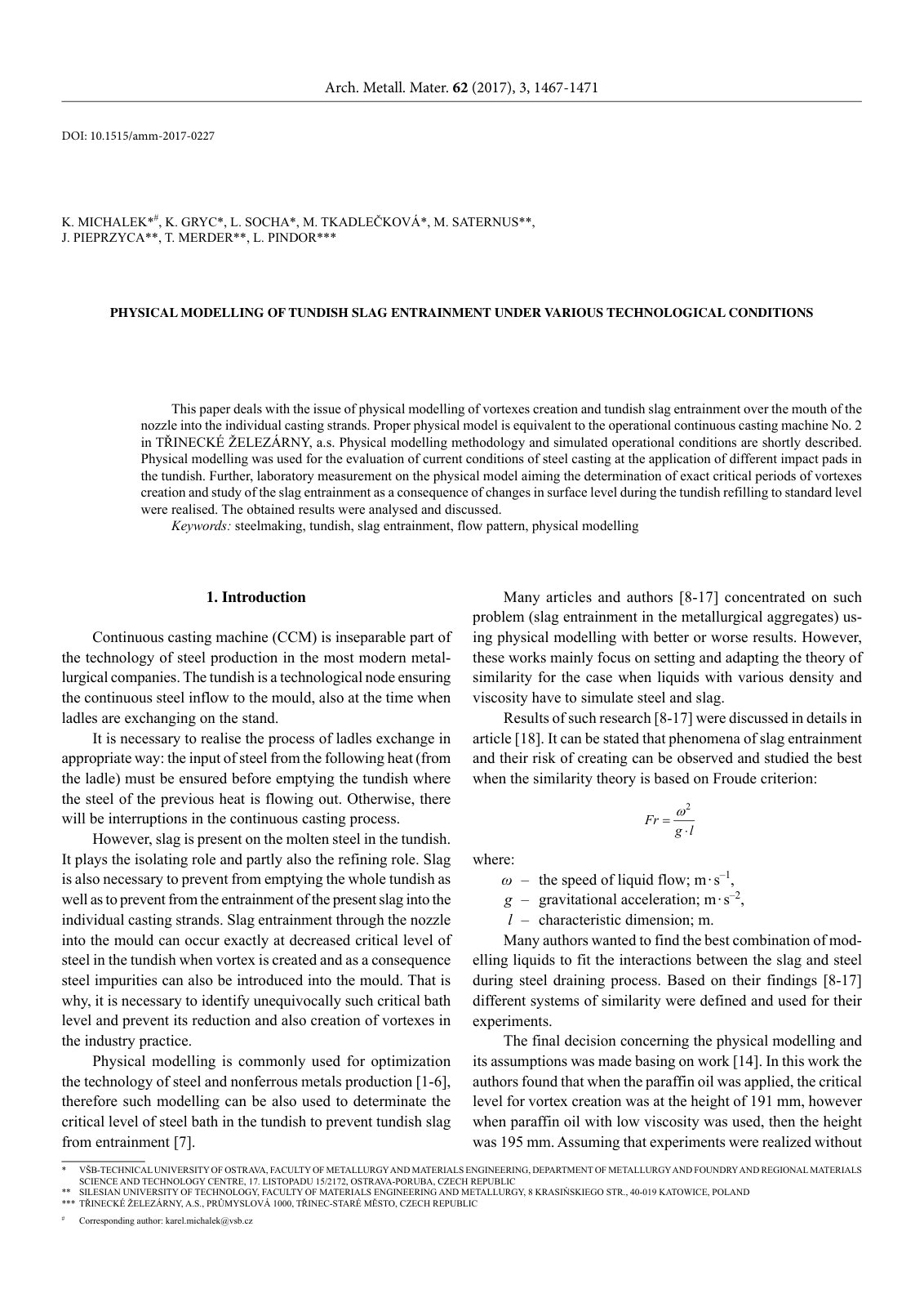 First page of Physical Modelling of Tundish Slag Entra