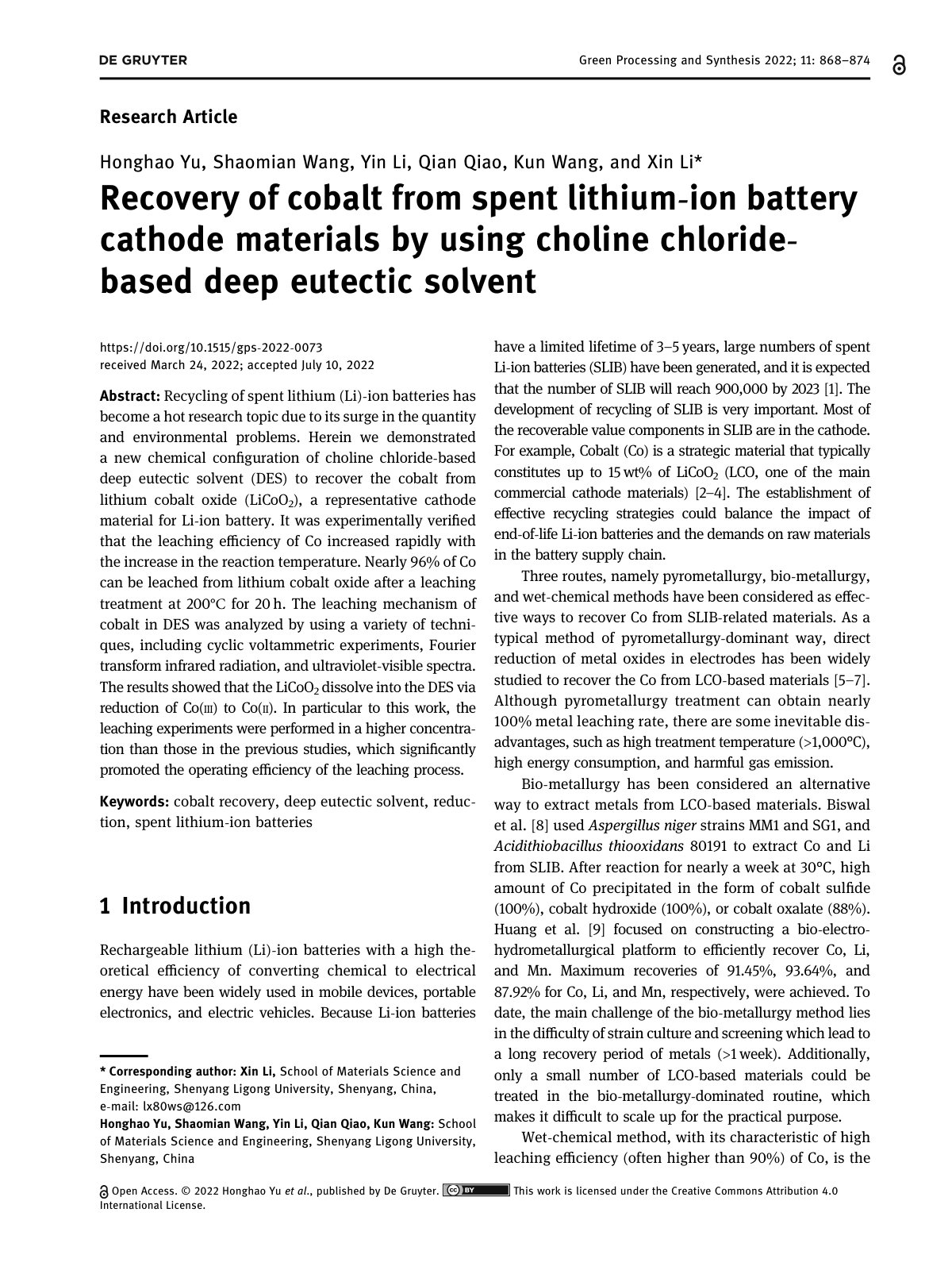 First page of Recovery of cobalt from spent lithium io