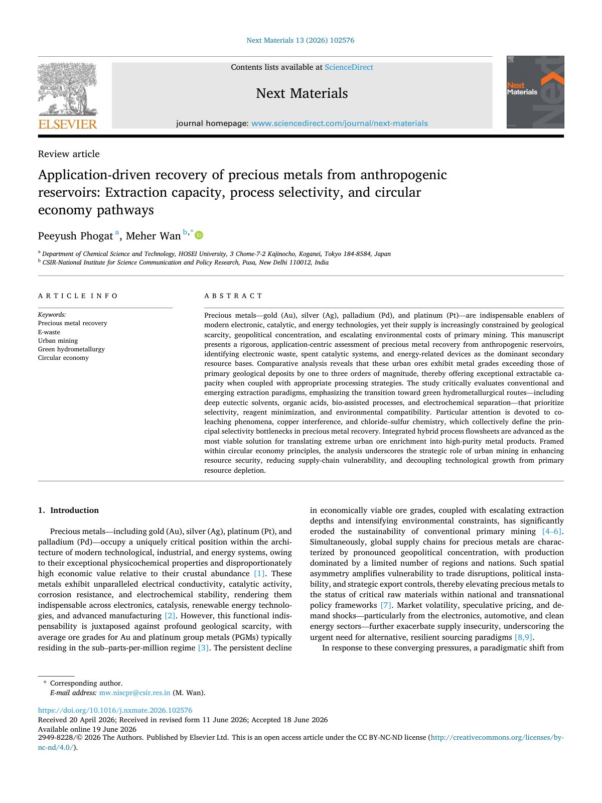 First page of Application driven recovery of precious metals from anthropogeni 2026 Next M