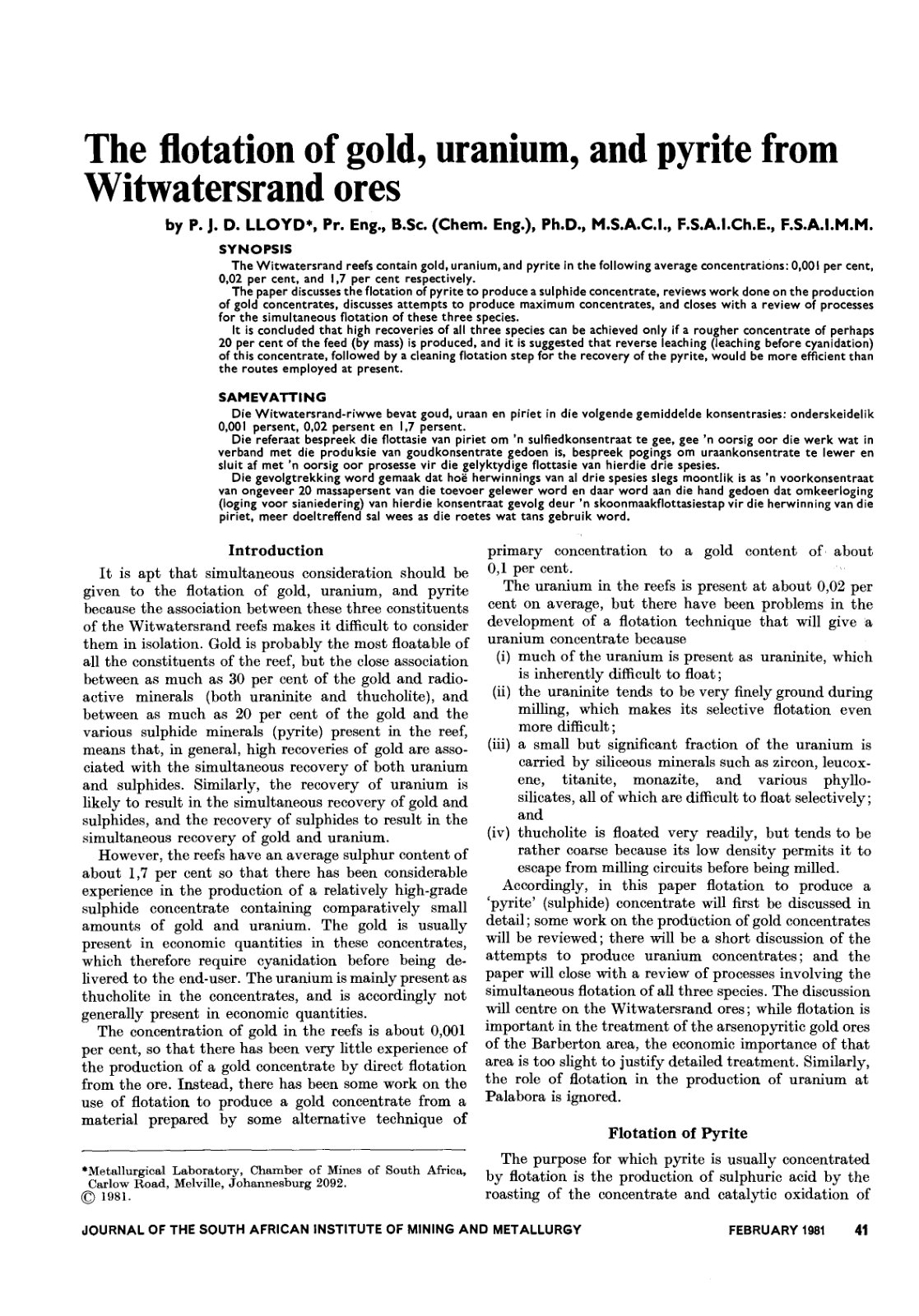 First page of The flotation of gold, uranium, and pyrite from Witwatersrand ores