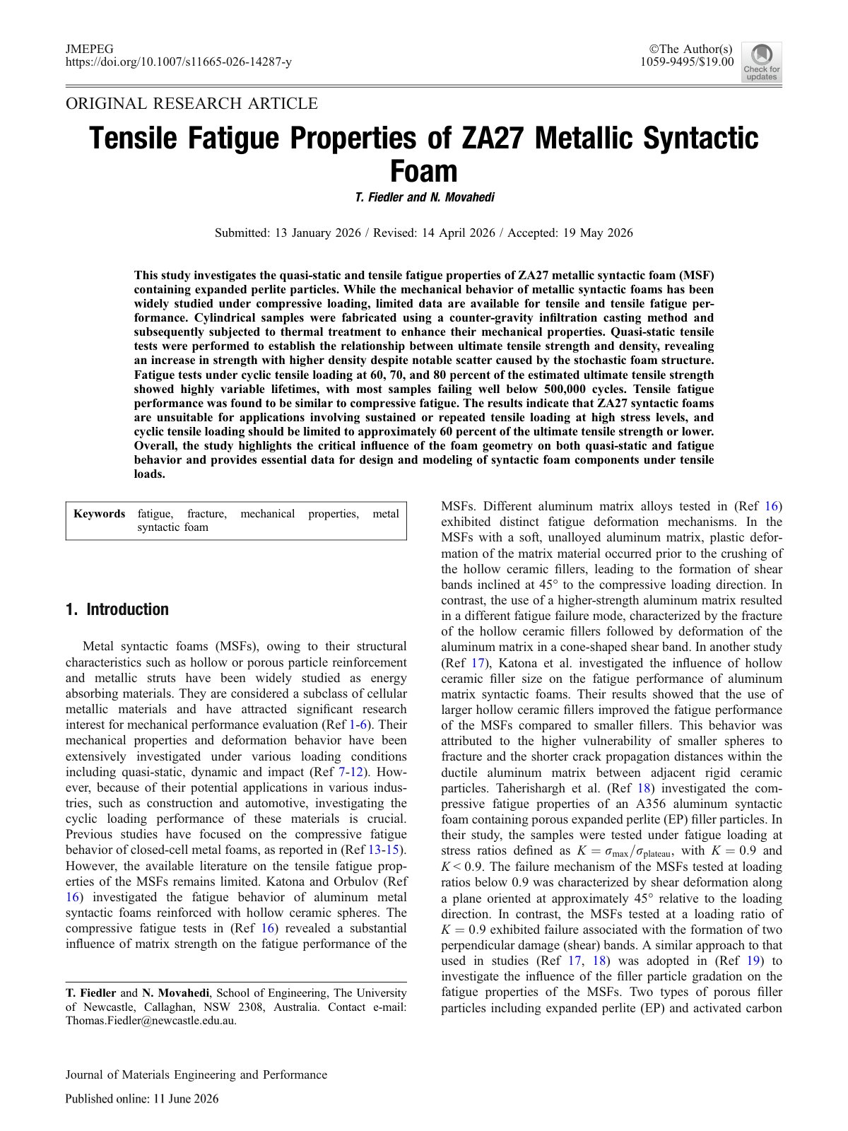 First page of Tensile Fatigue Properties of ZA27 Metallic Syntactic Foam